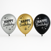 Confetti Birthday Latex Balloons - Black, Gold, Silver, 11-Inch, 15-Pack